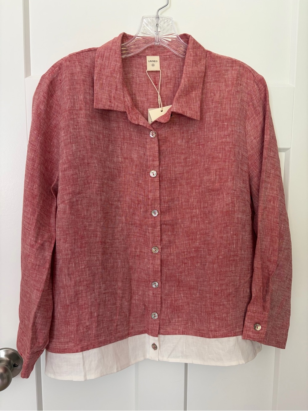 Lintico 100% Linen Buttoned Closure Color-Blocked Shirt Denim Rose M Luxury NWT - Picture 2 of 10